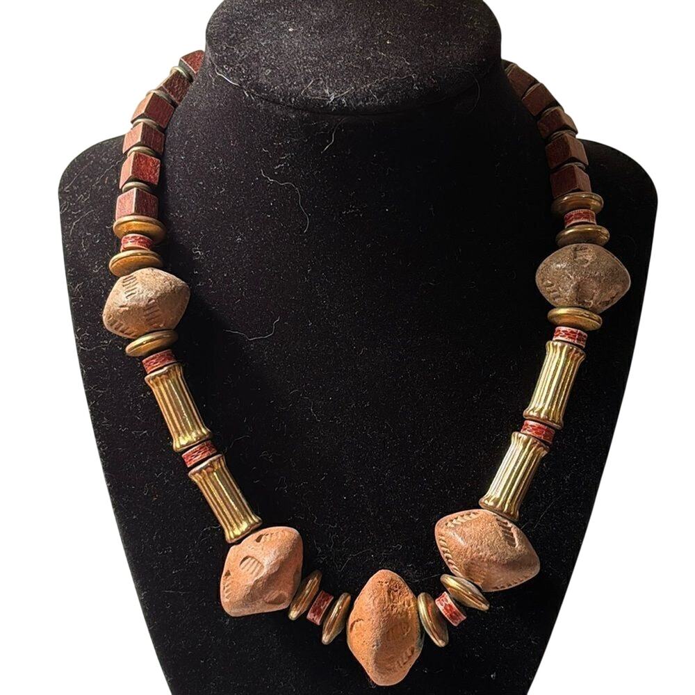 Artisan Earth Tone Beaded Necklace Wood Clay Brass 18.5” Boho Statement